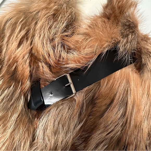 LANVIN Paris Made In Italy Black Brown Fur Wrap Collar Scarf Patent Buckle - Picture 5 of 15